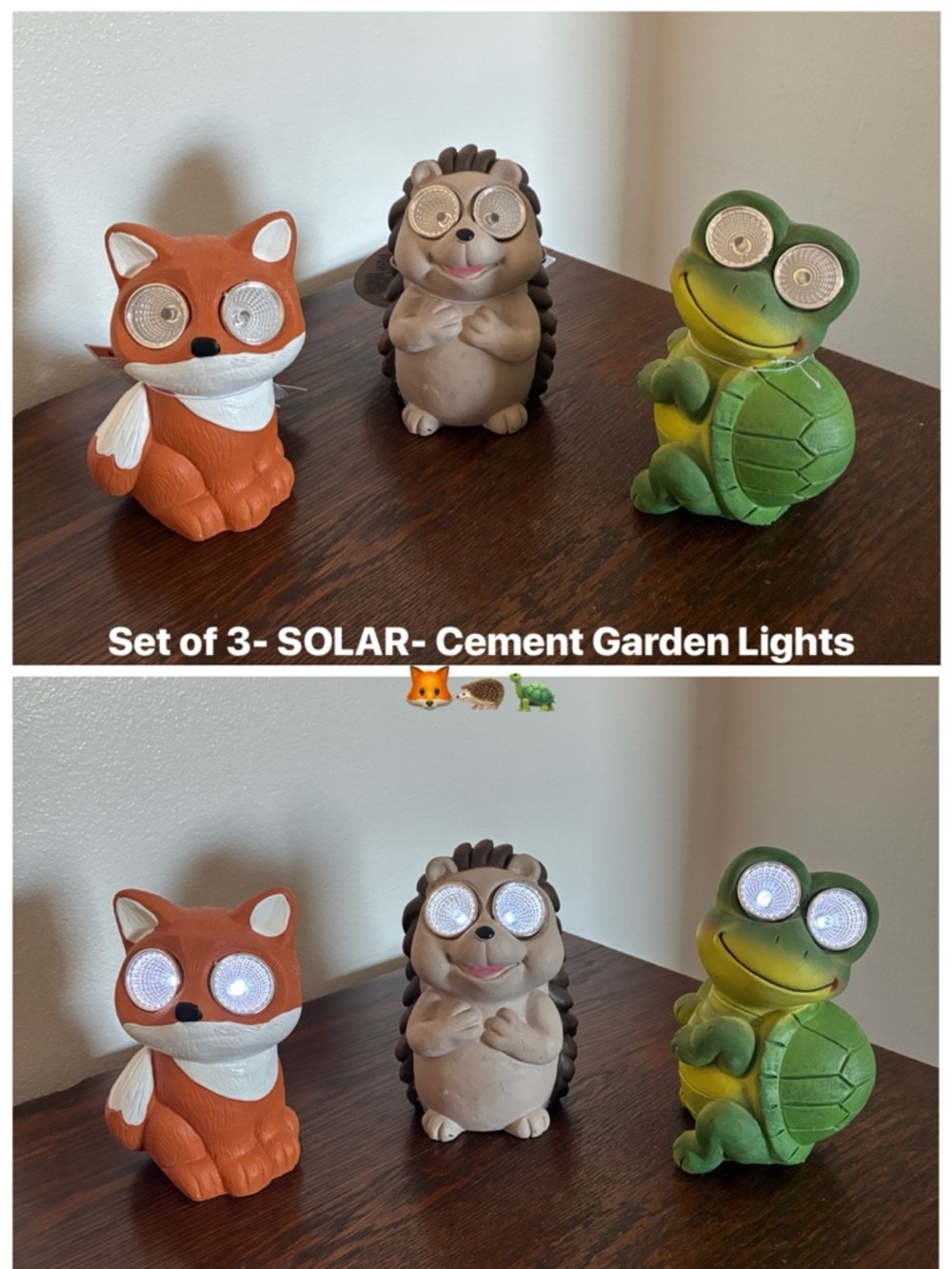 NWT- Set of 3- Adorable Cement Hedgehog 🦔, Turtle 🐢 & Fox 🦊 Solar Garden Lights